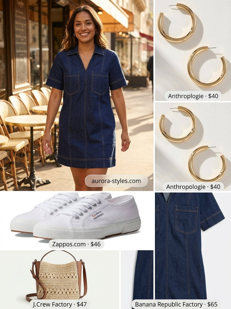 Denim mini dress, white sneakers, tan crossbody. Summer must have outfits for women 2026.