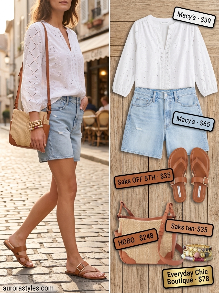 Summer must have outfits for women 2026: Denim shorts, white blouse, straw bag, and flat sandals for casual days.