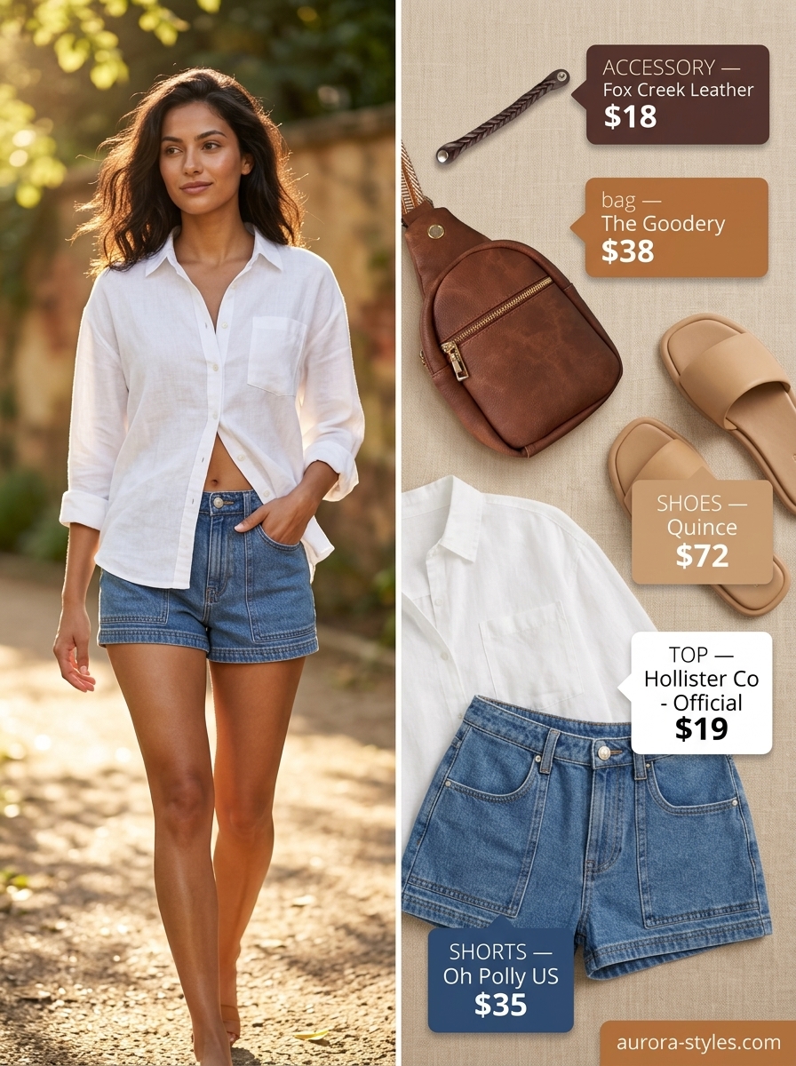 Denim shorts, white linen shirt, leather slides. Summer must have outfits for women 2026.