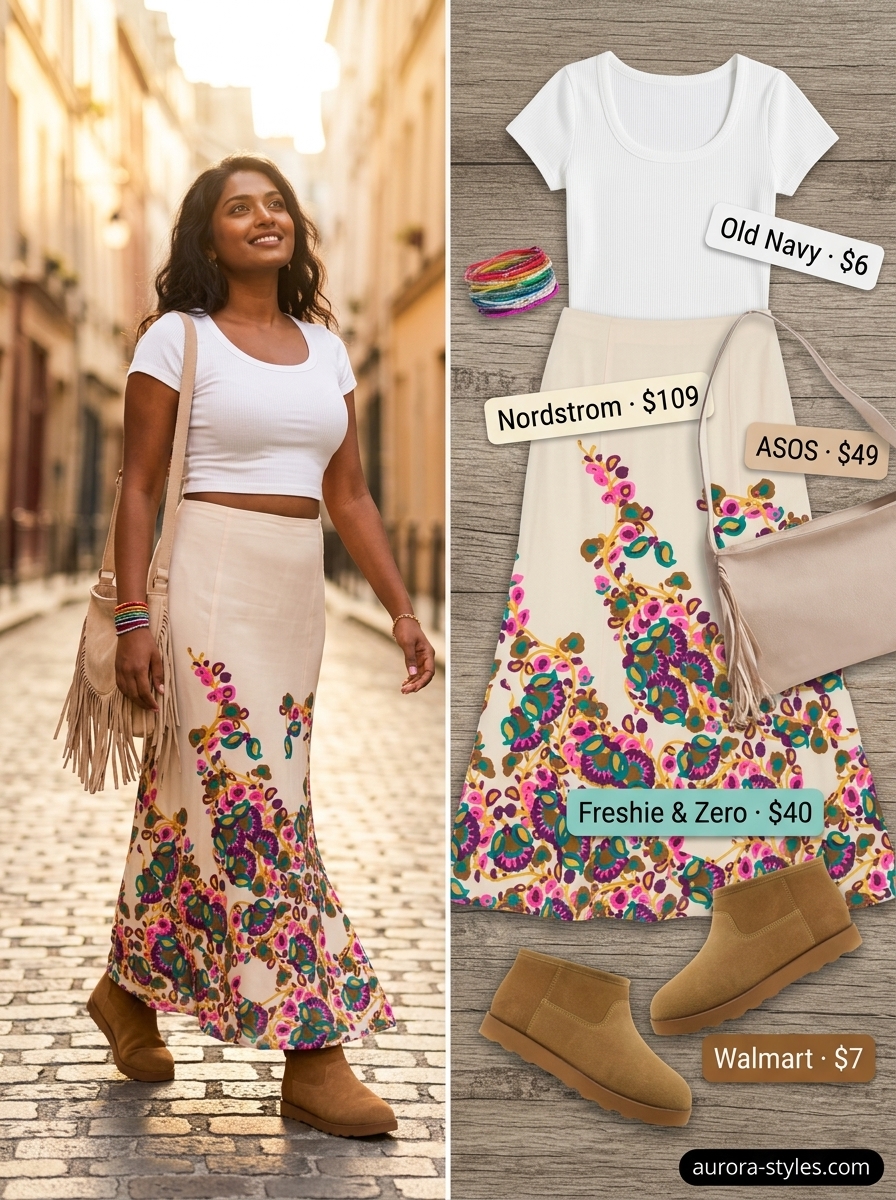 Floral maxi skirt, white crop top, suede boots. Summer must have outfits for women 2026.