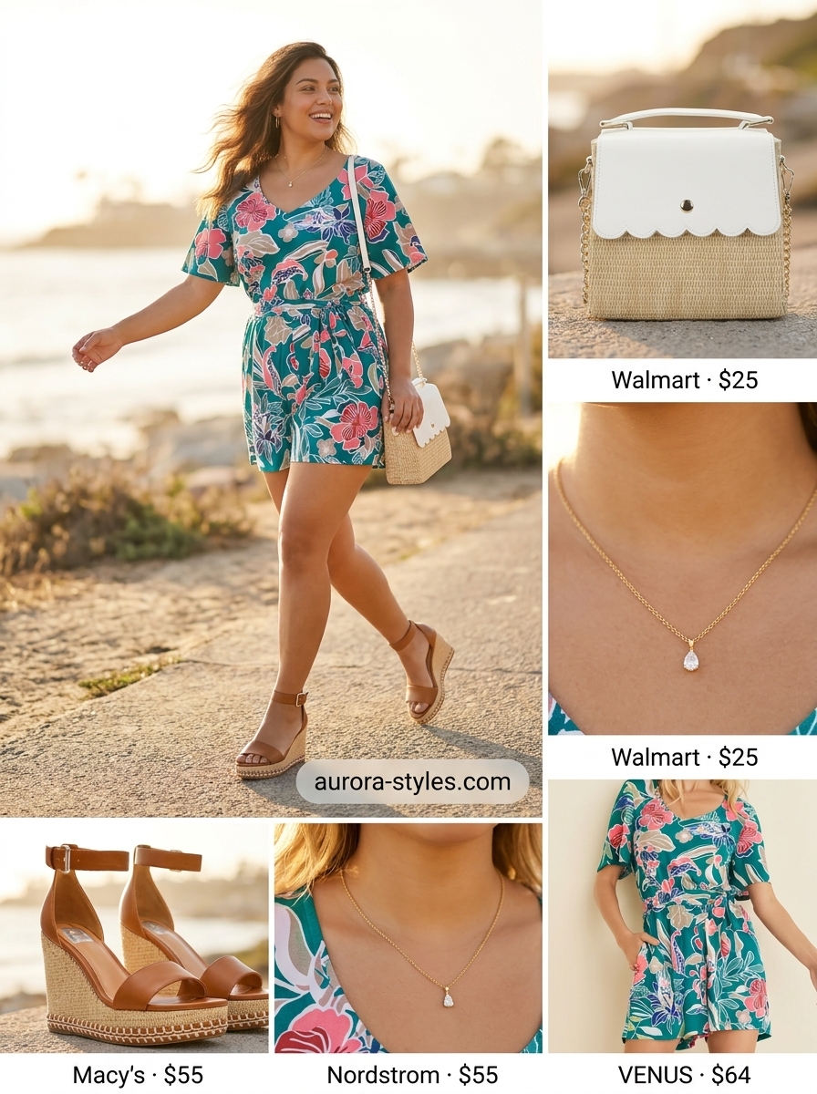 Feminine blush pink floral romper with espadrille wedges for summer must have outfits for women 2026.