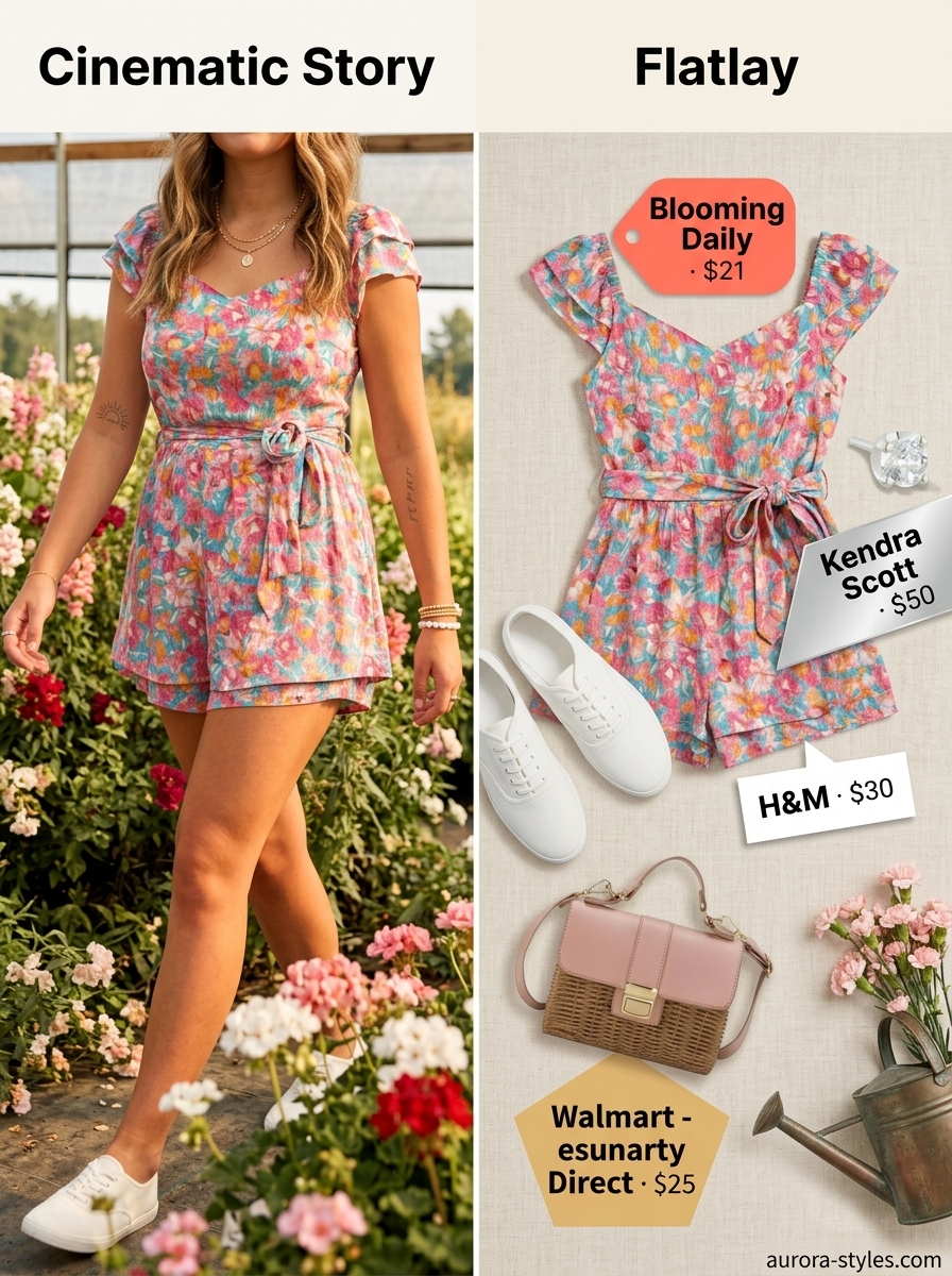 Playful floral romper with white sneakers for summer must have outfits for women 2026.