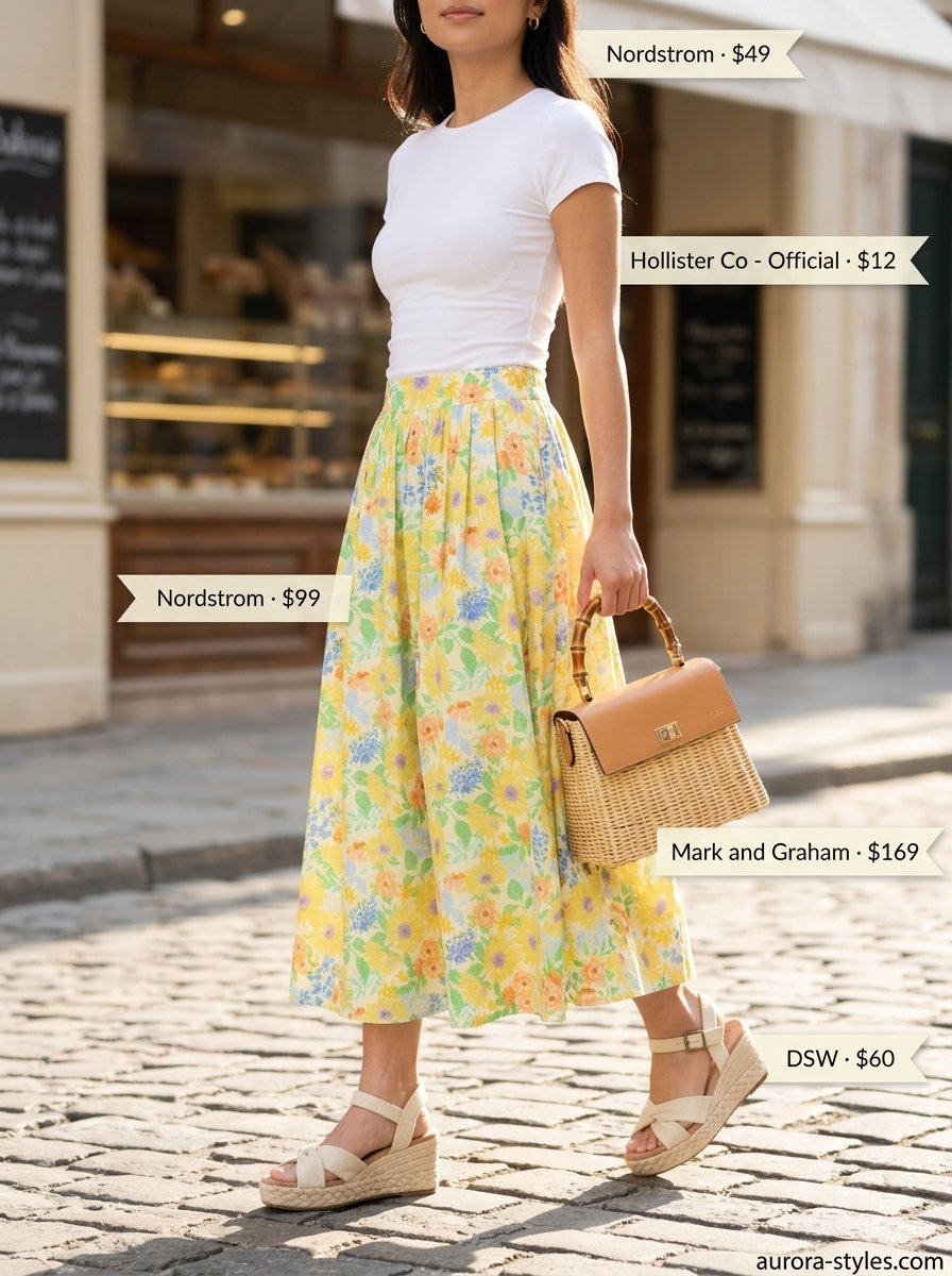 Summer must have outfits for women 2026: Floral midi skirt, white tee, espadrilles, and straw bag for brunch.