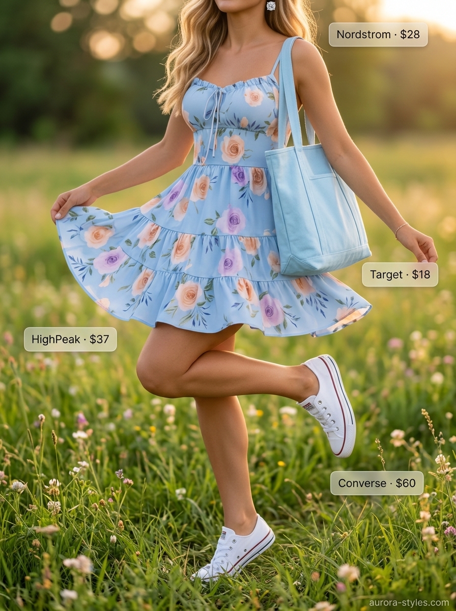 Sweet pastel floral sundress with white sneakers for summer must have outfits for women 2026.