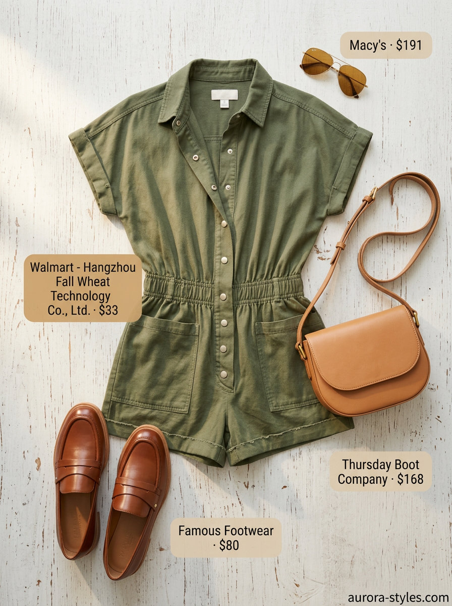 Khaki utility jumpsuit with brown loafers & crossbody. Summer must have outfits for women 2026.