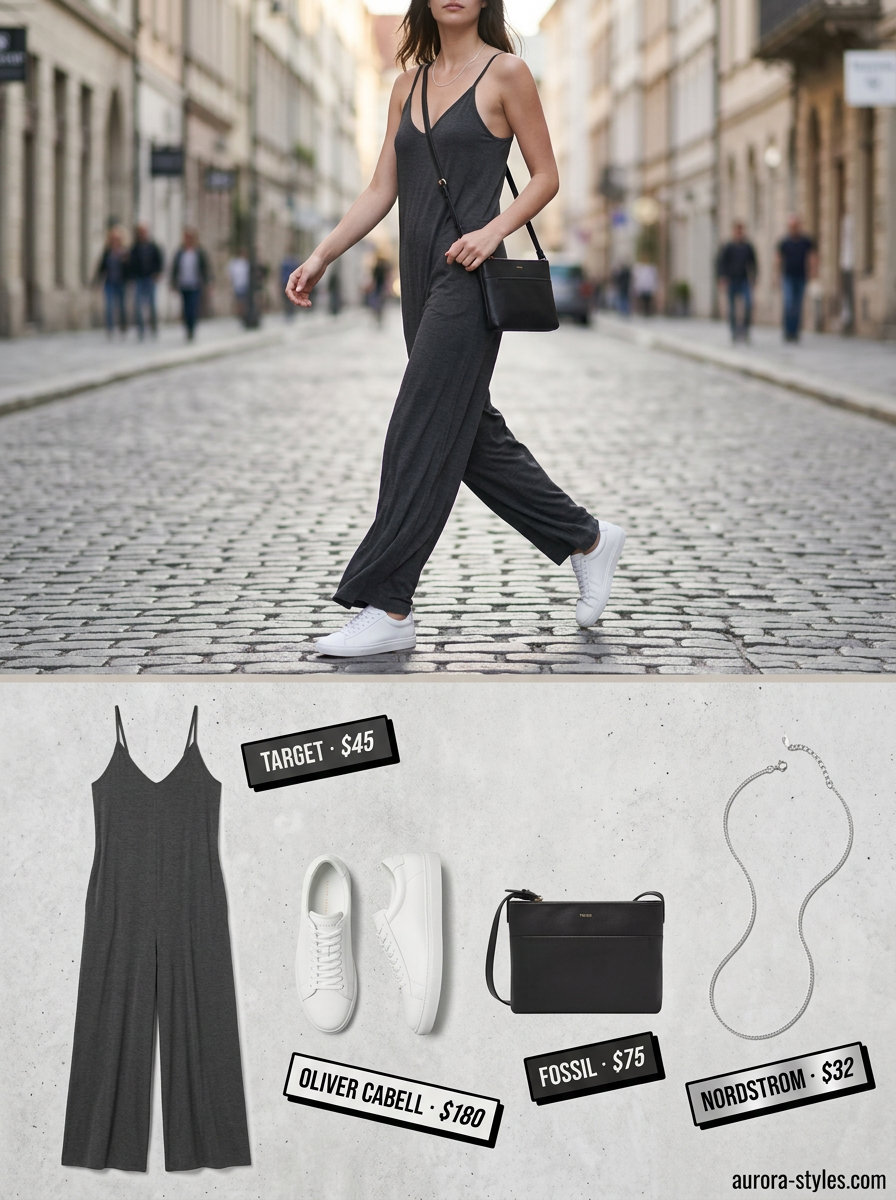Comfortable charcoal grey knit jumpsuit with sneakers for summer must have outfits for women 2026.