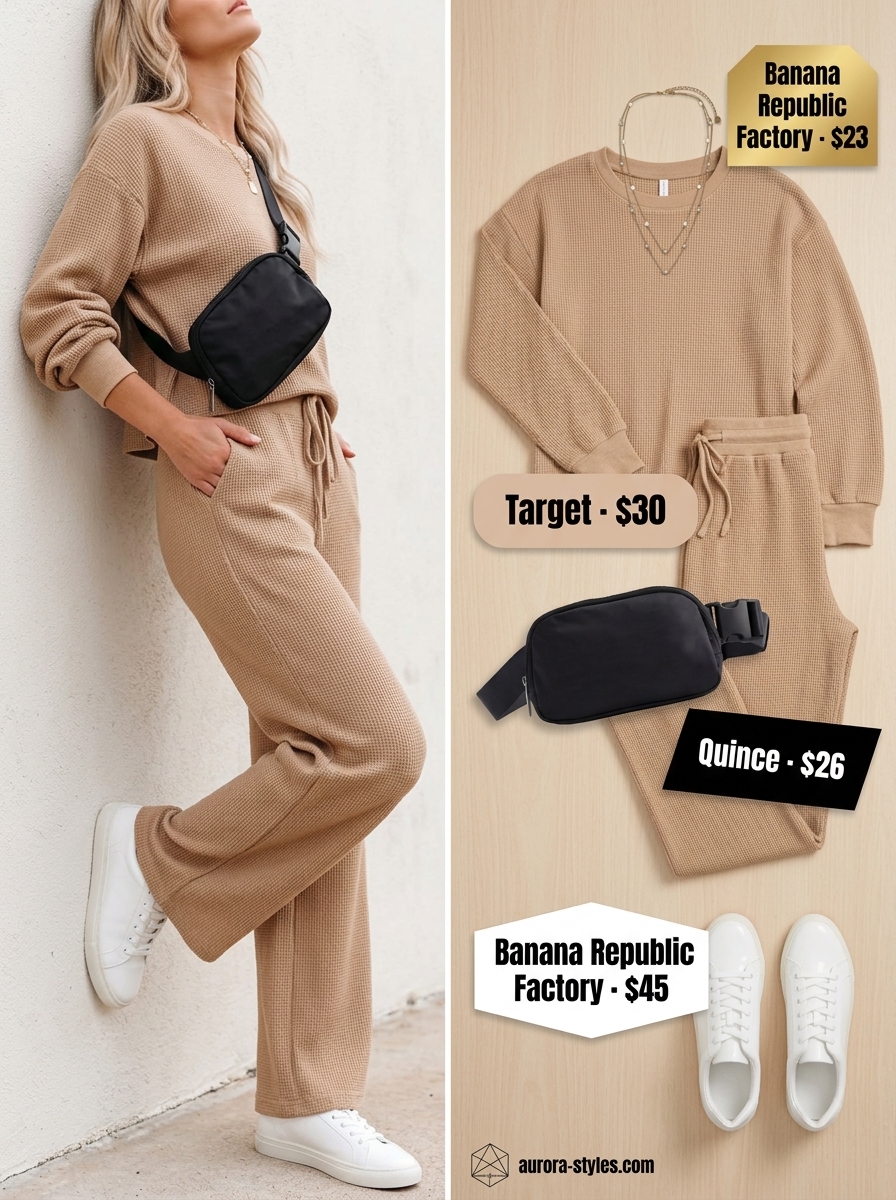 Beige knit set, white sneakers, gold necklaces. Summer must have outfits for women 2026.