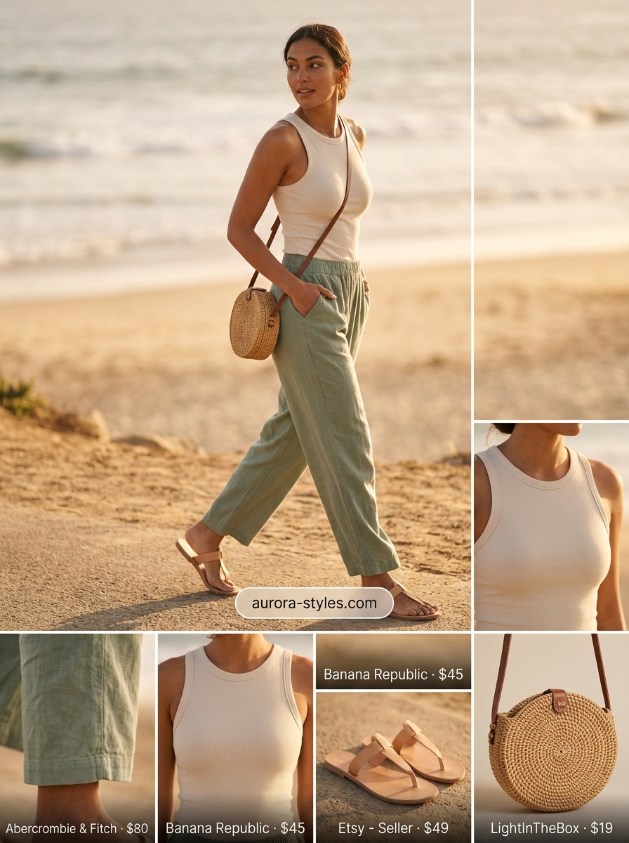 Sage green linen pants, cream tank, straw bag. Summer must have outfits for women 2026.
