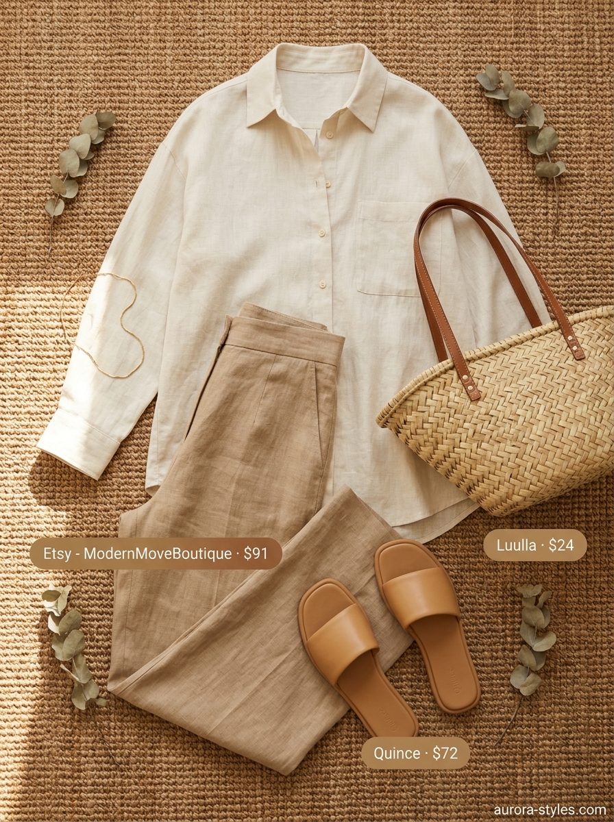 Summer must have outfits for women 2026: Cream linen set, gold necklaces, and slides for beach vacation.