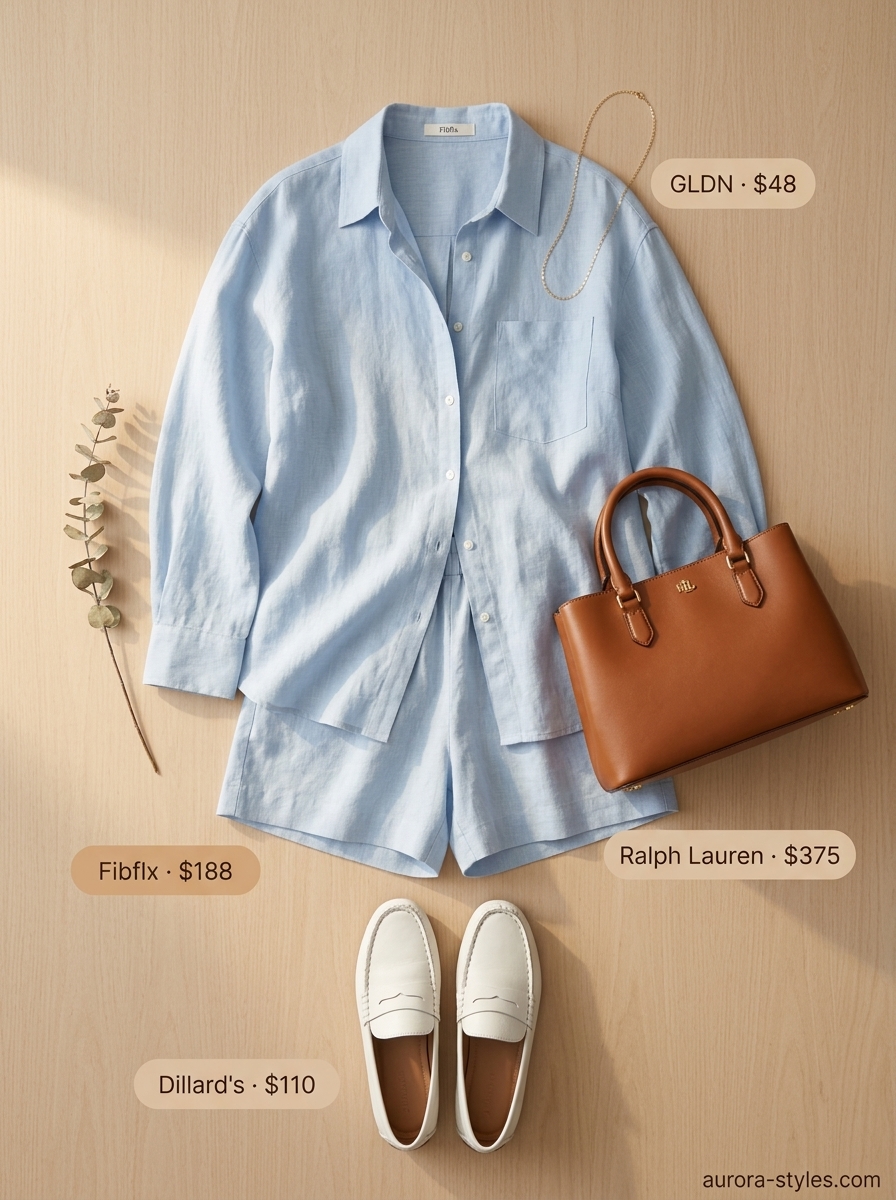 Light blue linen set, white loafers, tan satchel. Summer must have outfits for women 2026.