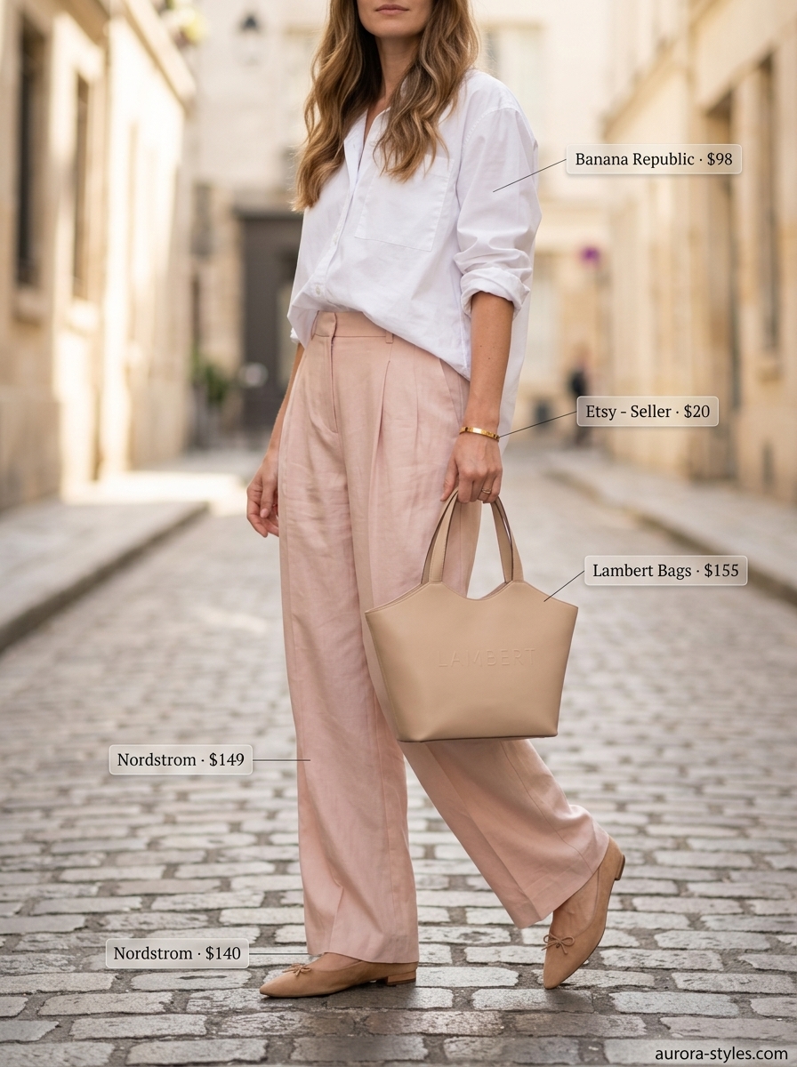 Summer must have outfits for women 2026: Blush linen trousers, white shirt, gold bangle, and nude loafers for office.