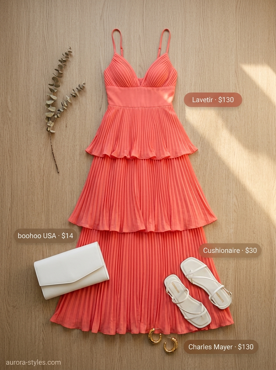 Summer must have outfits for women 2026: Coral maxi dress, white sandals, clutch, and gold earrings for events.