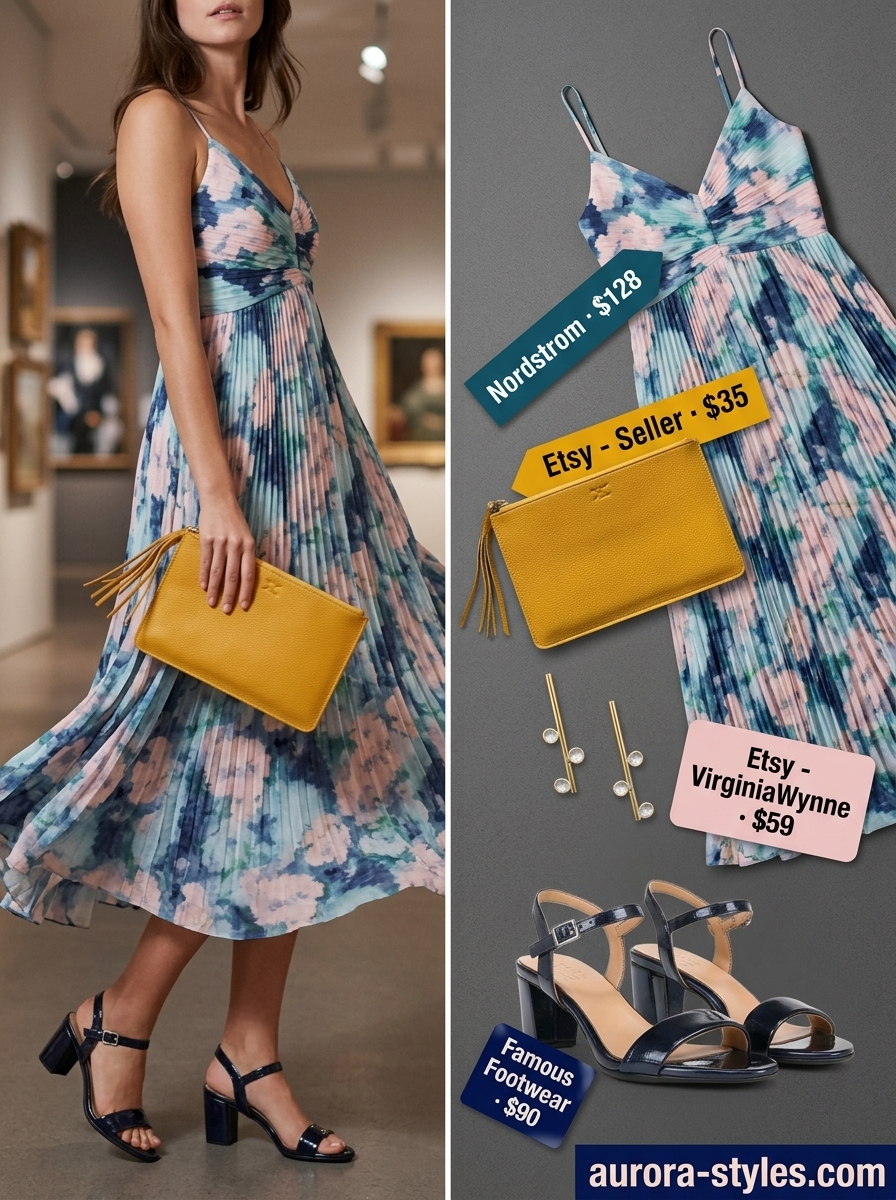 Summer must have outfits for women 2026: Bold abstract midi dress, block heels, and statement earrings for parties.