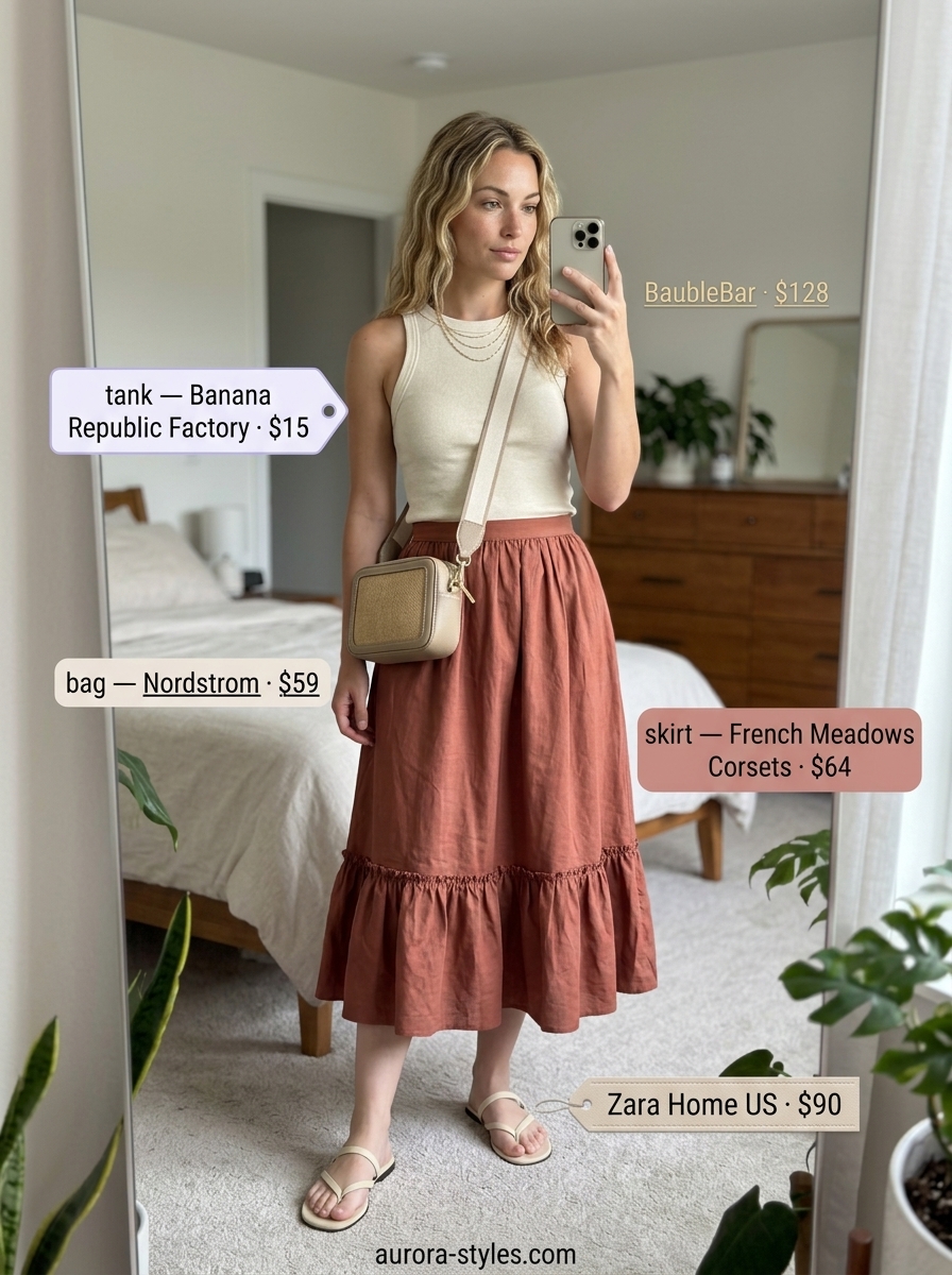 Summer must have outfits for women 2026: Terracotta midi skirt, tank top, flat sandals, and woven bag for daytime.