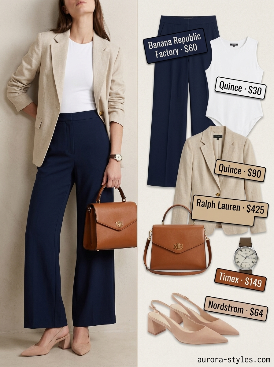 Polished navy wide-leg pants with blazer for summer must have outfits for women 2026.
