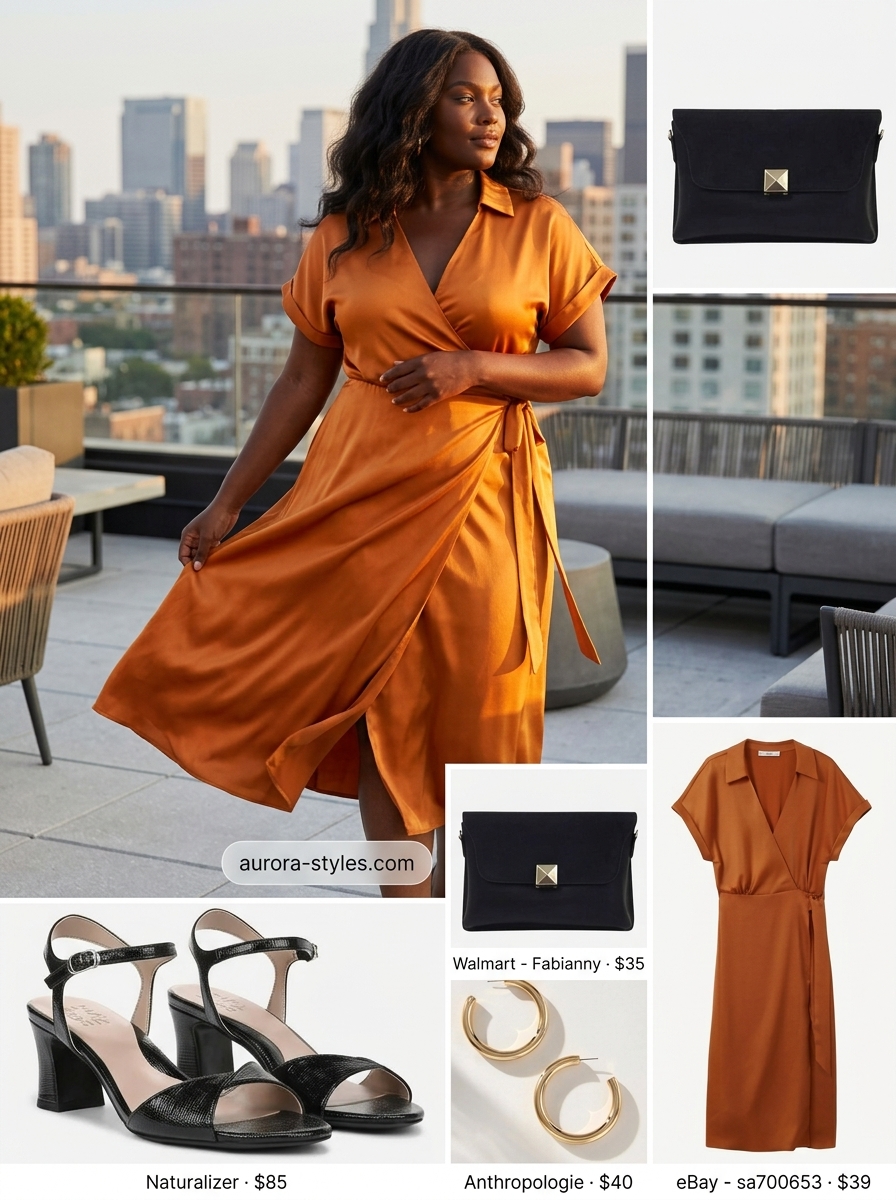 Vibrant mango orange wrap dress with gold hoops for summer must have outfits for women 2026.