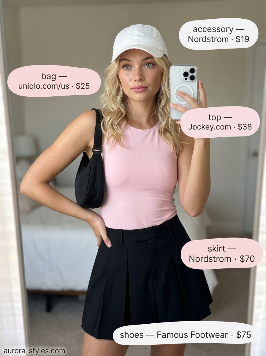 Black pleated mini skirt, pink tank, sneakers. Summer must have outfits for women 2026.