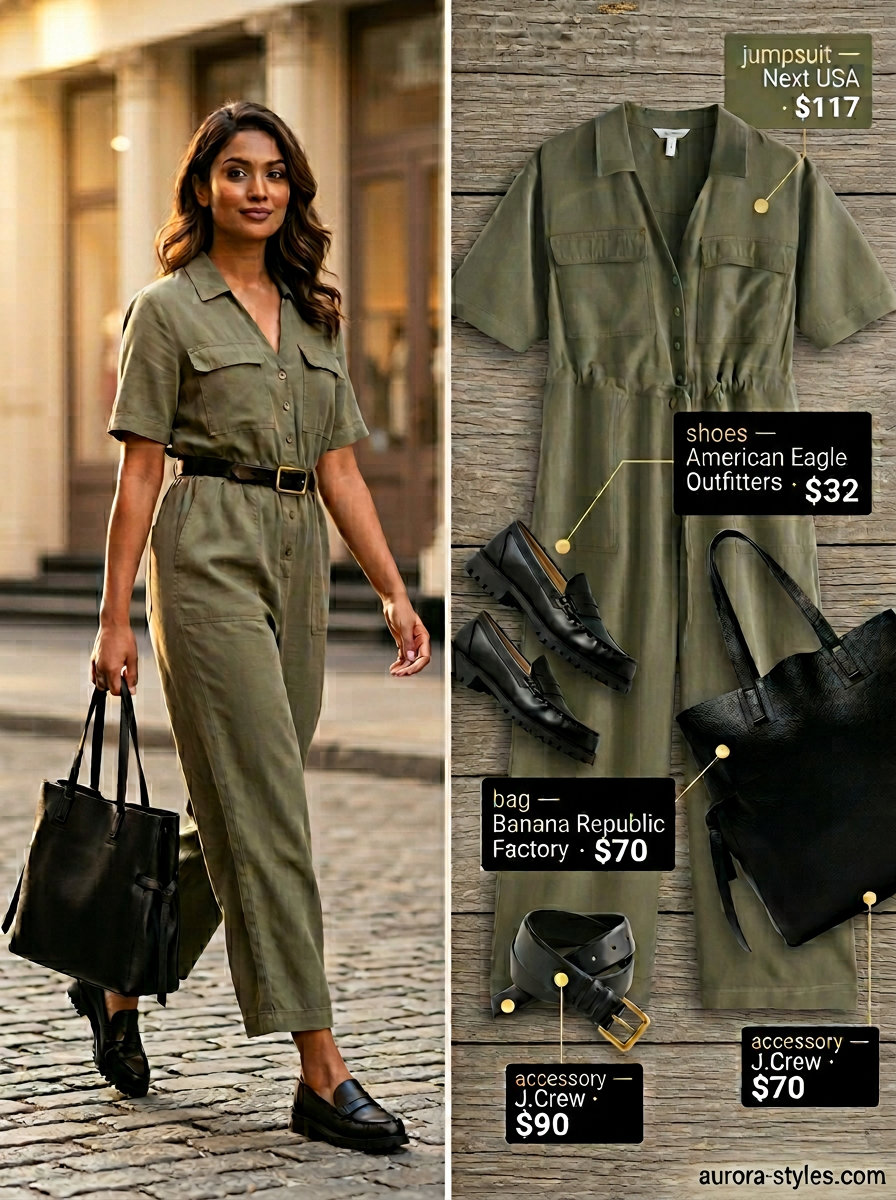 Olive green utility jumpsuit with black belt & loafers. Summer must have outfits for women 2026.