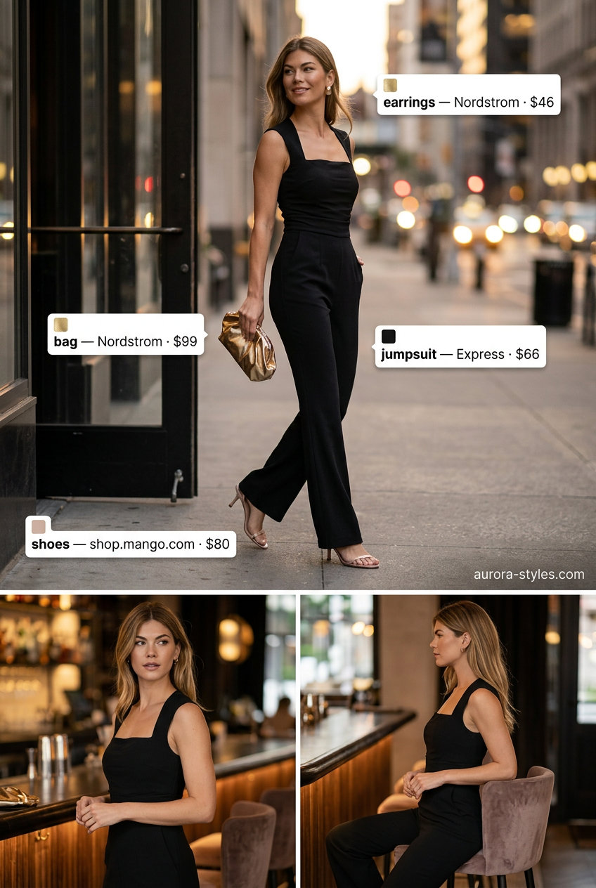 Chic black wide-leg jumpsuit for summer night going out outfits for women 2026. Gold clutch & heels.