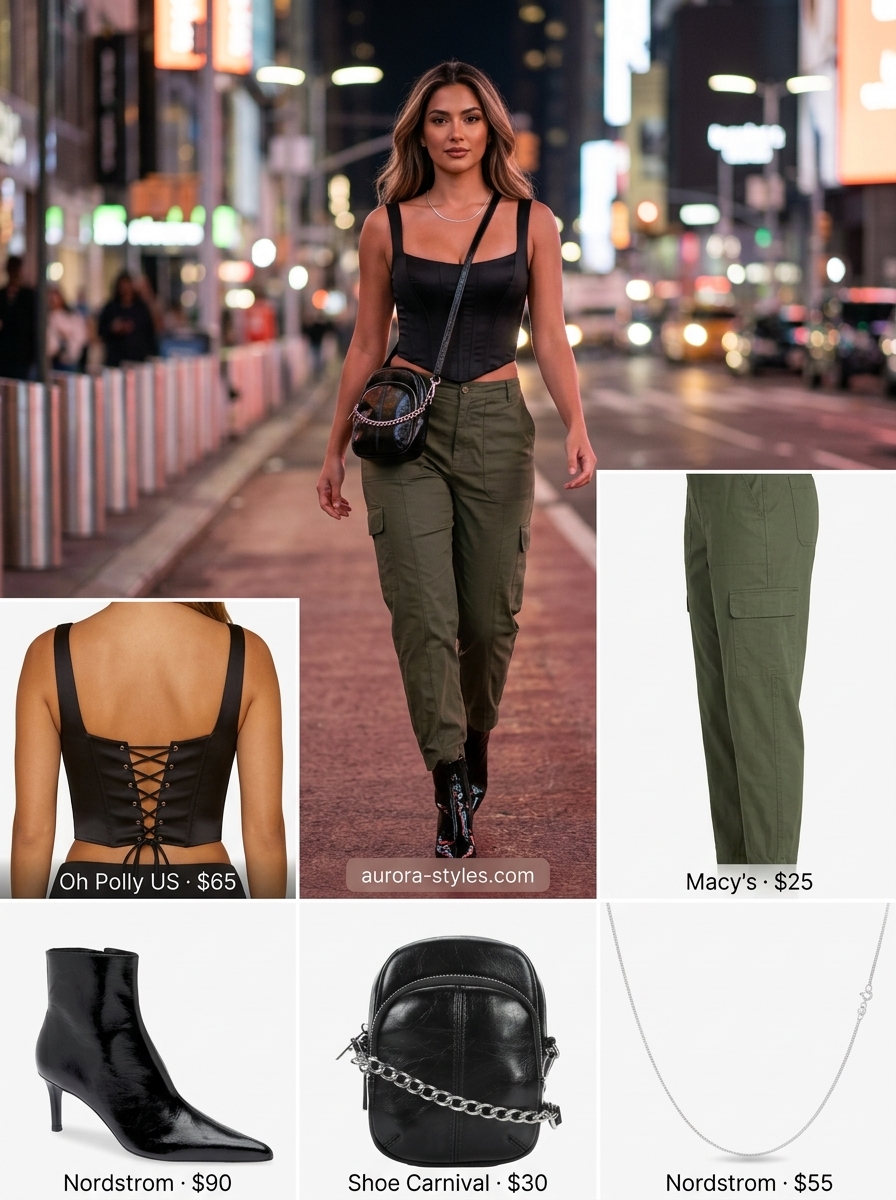 Trendy khaki cargo pants with black corset top for summer night going out outfits for women 2026. Edgy night out.