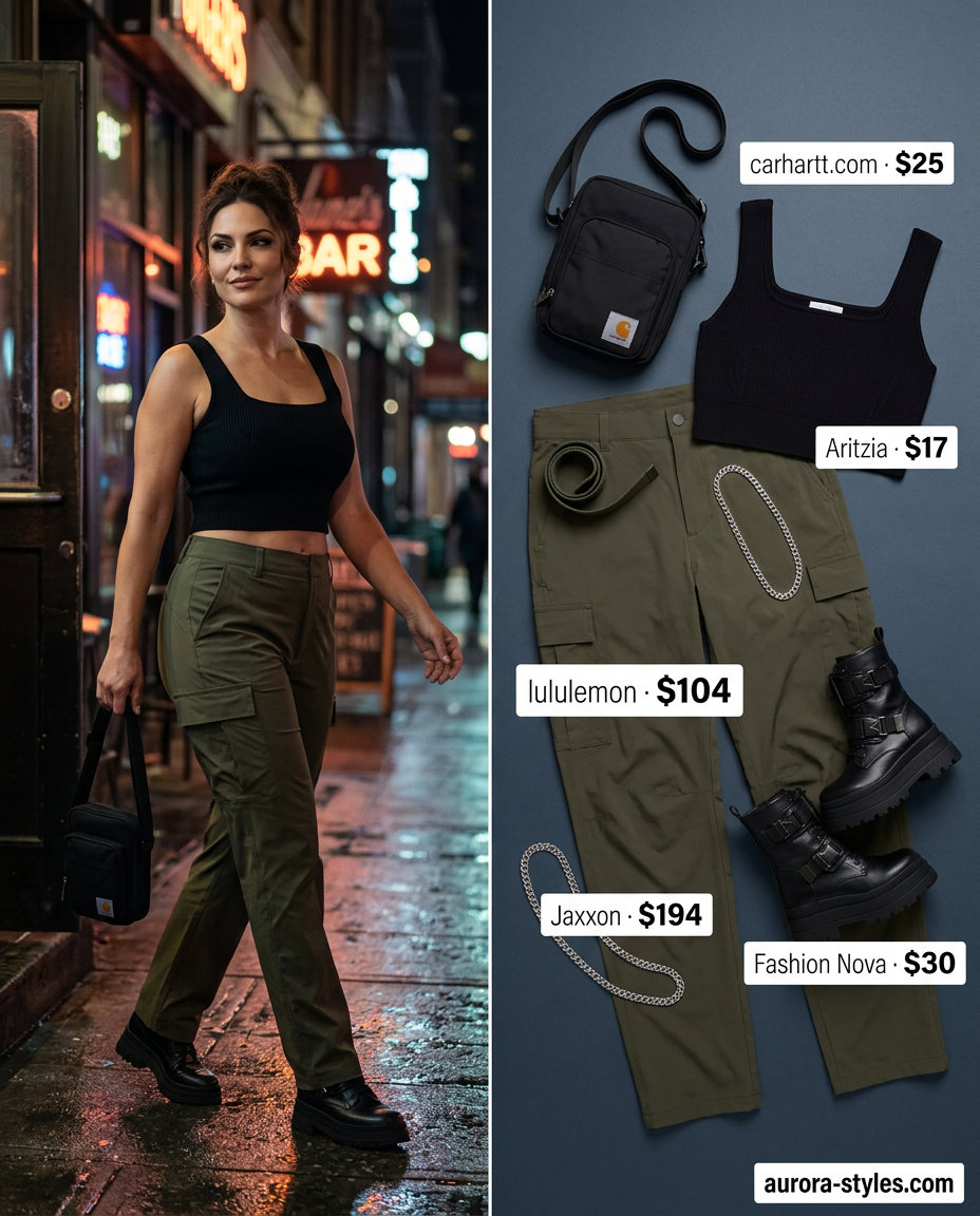 Edgy olive green cargo pants with crop top for summer night going out outfits for women 2026. Urban cool look.