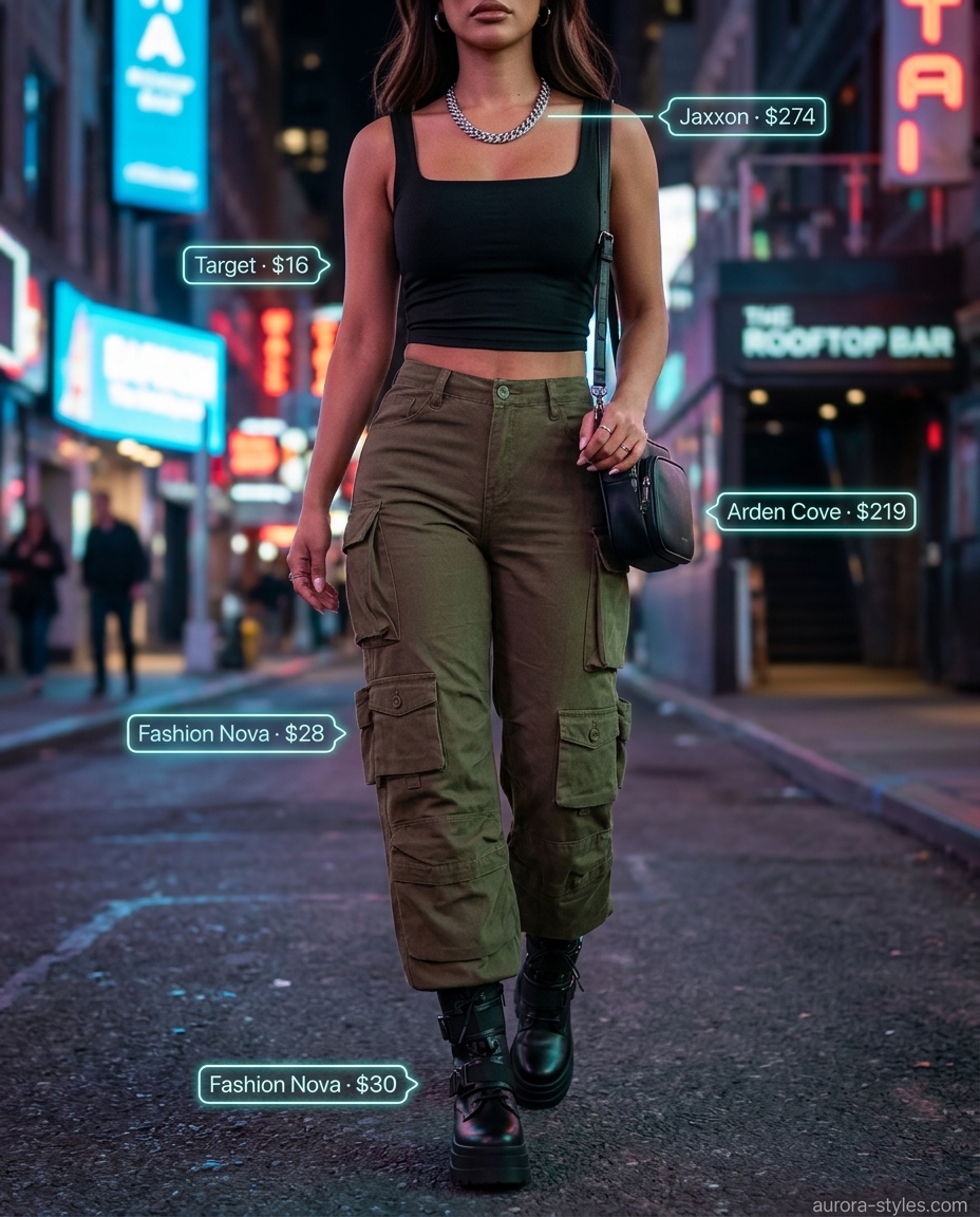 Edgy olive green cargo pants for summer night going out outfits for women 2026. Urban confident style.