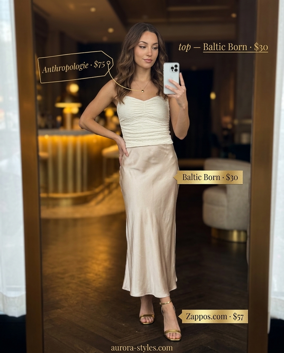 Elegant champagne satin co-ord set for summer night going out outfits for women 2026. Midi skirt & cowl top.