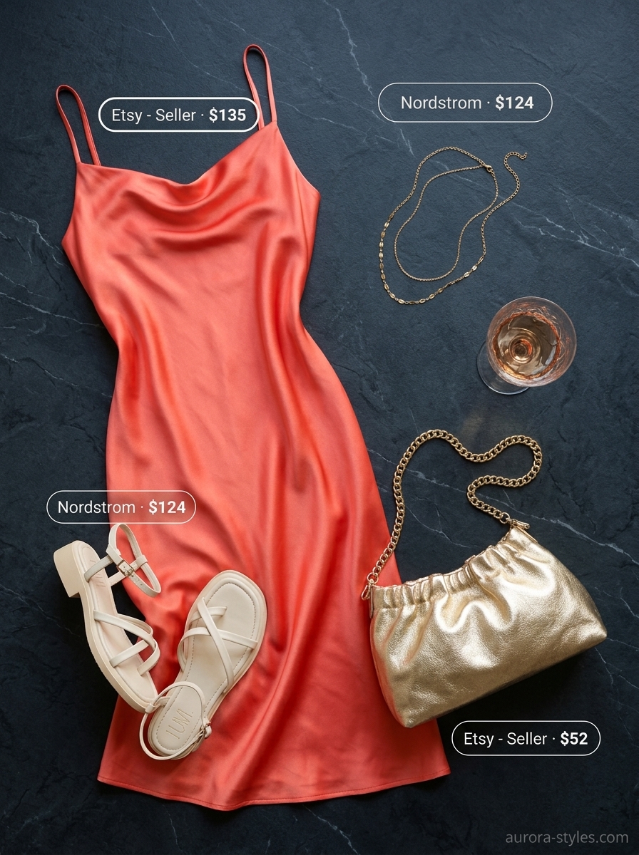 Coral slip dress for summer night going out outfits for women 2026. Gold accessories & flat sandals.