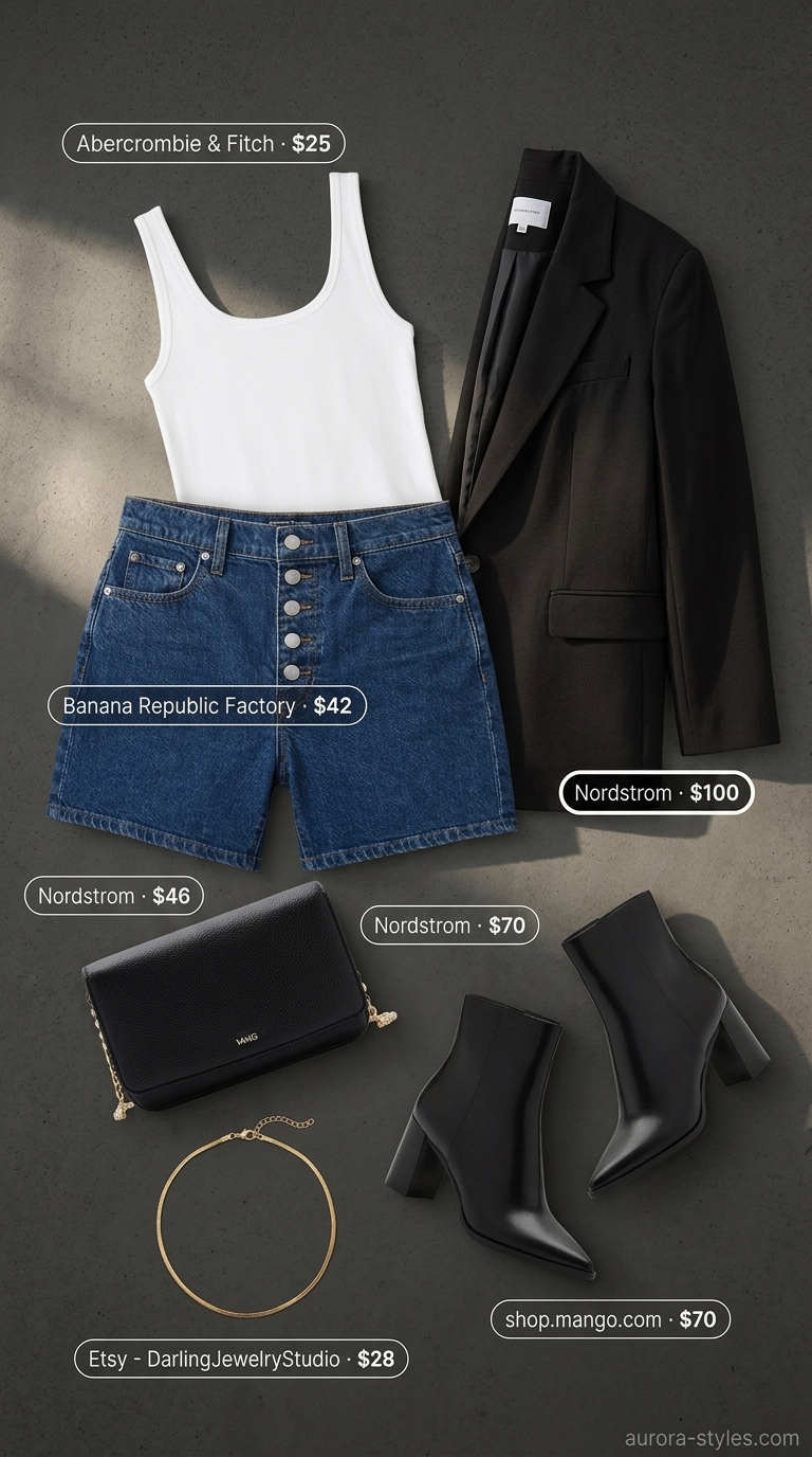 Edgy dark wash denim shorts & blazer combo for summer night going out outfits for women 2026. Cool casual chic.
