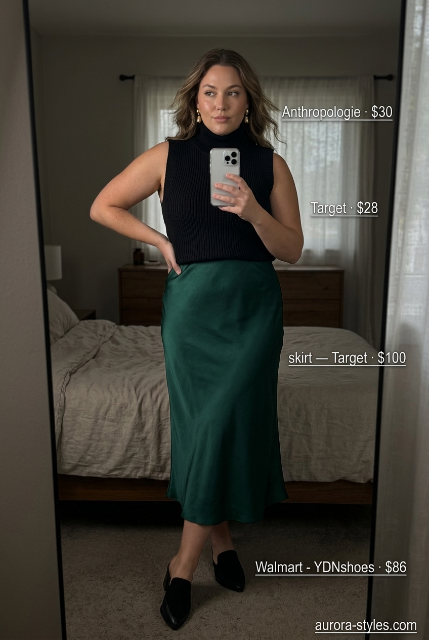 Sophisticated emerald green satin skirt with turtleneck top for summer night going out outfits for women 2026.