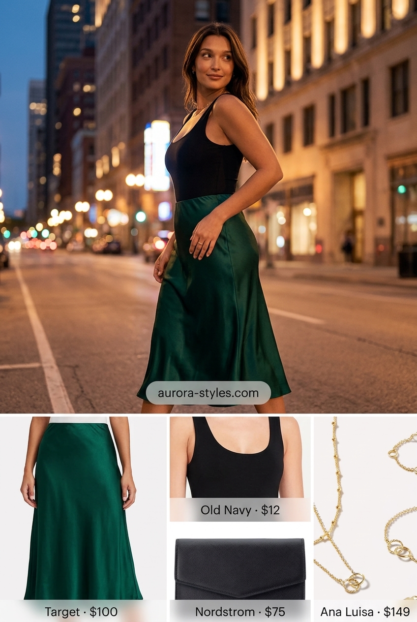 Romantic emerald green satin slip skirt with bodysuit for summer night going out outfits for women 2026. Date night style.