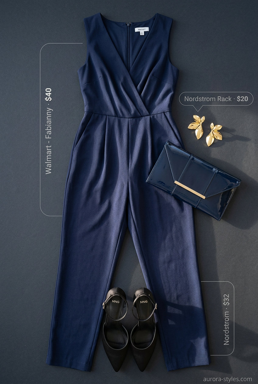 Elegant navy floral jumpsuit for summer night going out outfits for women 2026. Sophisticated evening wear.