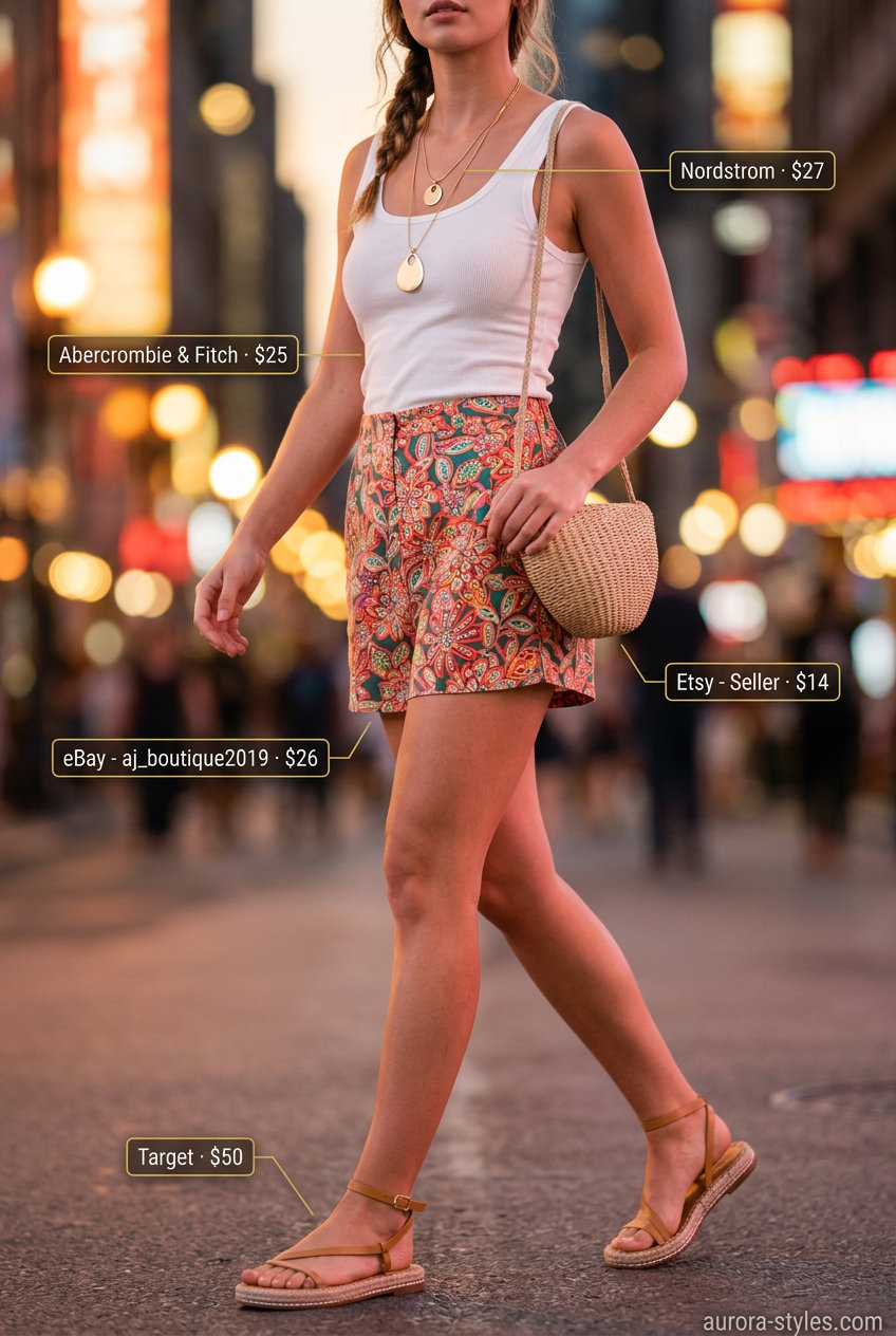 Coral & teal floral shorts outfit for summer night going out 2026. White tank, espadrilles, straw bag.