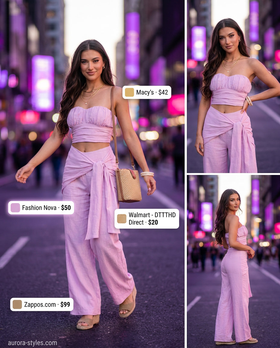Lilac matching set for summer night going out outfits for women 2026. Wide-leg pants, crop top, wedges.