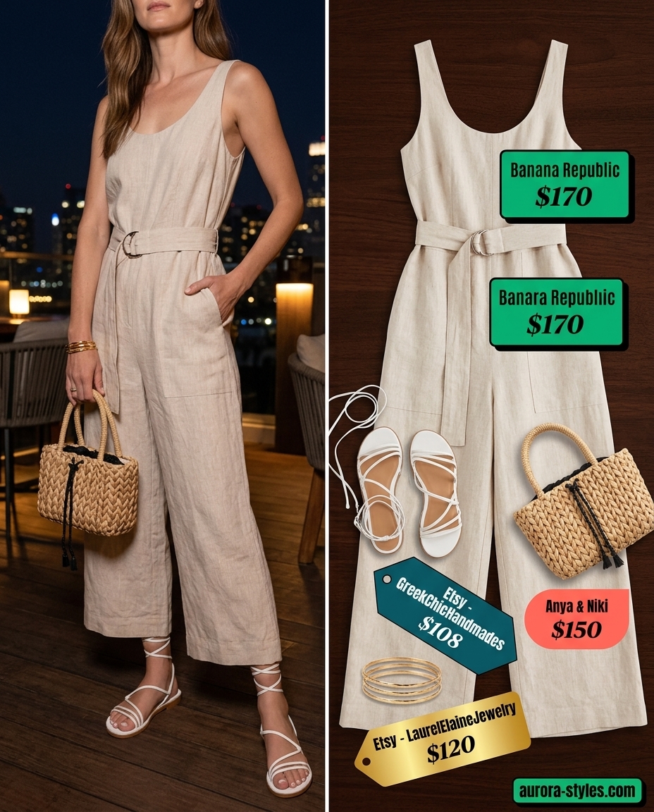 Effortless beige linen jumpsuit for summer night going out outfits for women 2026. Chic casual evening wear.