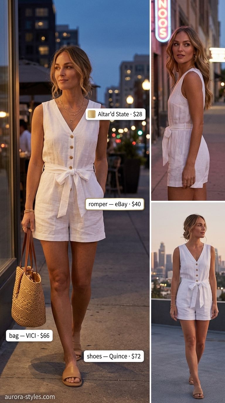 White linen romper for summer night going out outfits for women 2026. Tan sandals & straw tote.