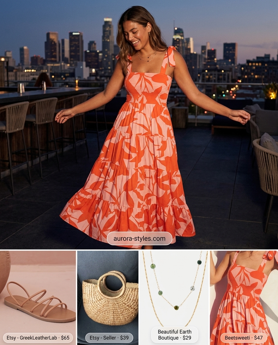 Bohemian maxi dress for summer night going out outfits for women 2026. Gold necklaces & straw tote.