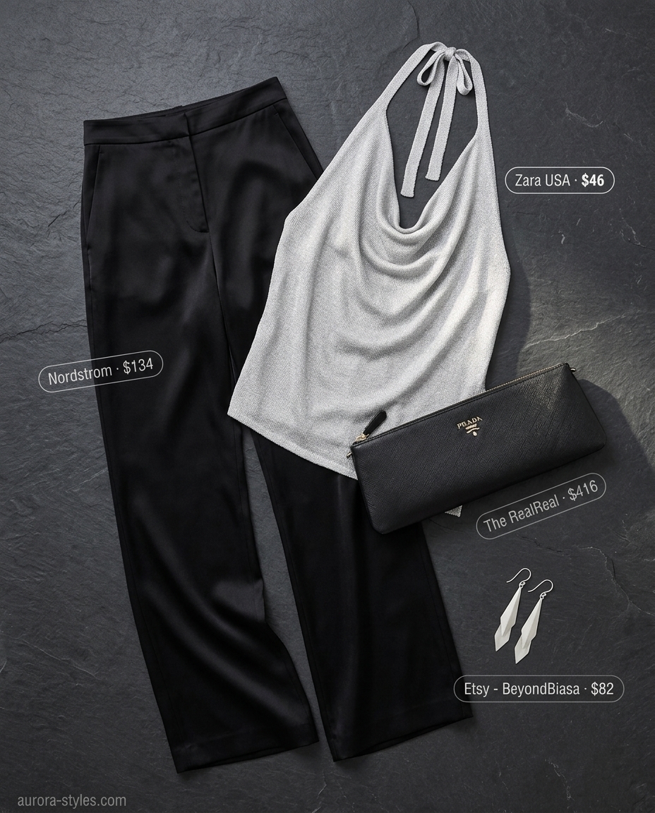 Black wide-leg pants outfit for summer night going out outfits for women 2026. Metallic top & heels.