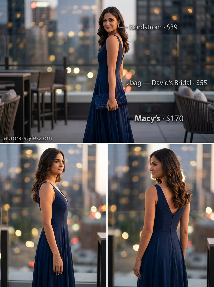 Timeless navy blue maxi dress with crystals for summer night going out outfits for women 2026. Elegant wedding guest.