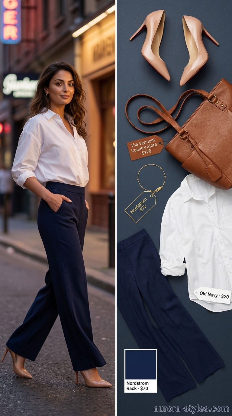 Sophisticated navy wide-leg trousers for summer night going out outfits for women 2026. Polished evening ensemble.