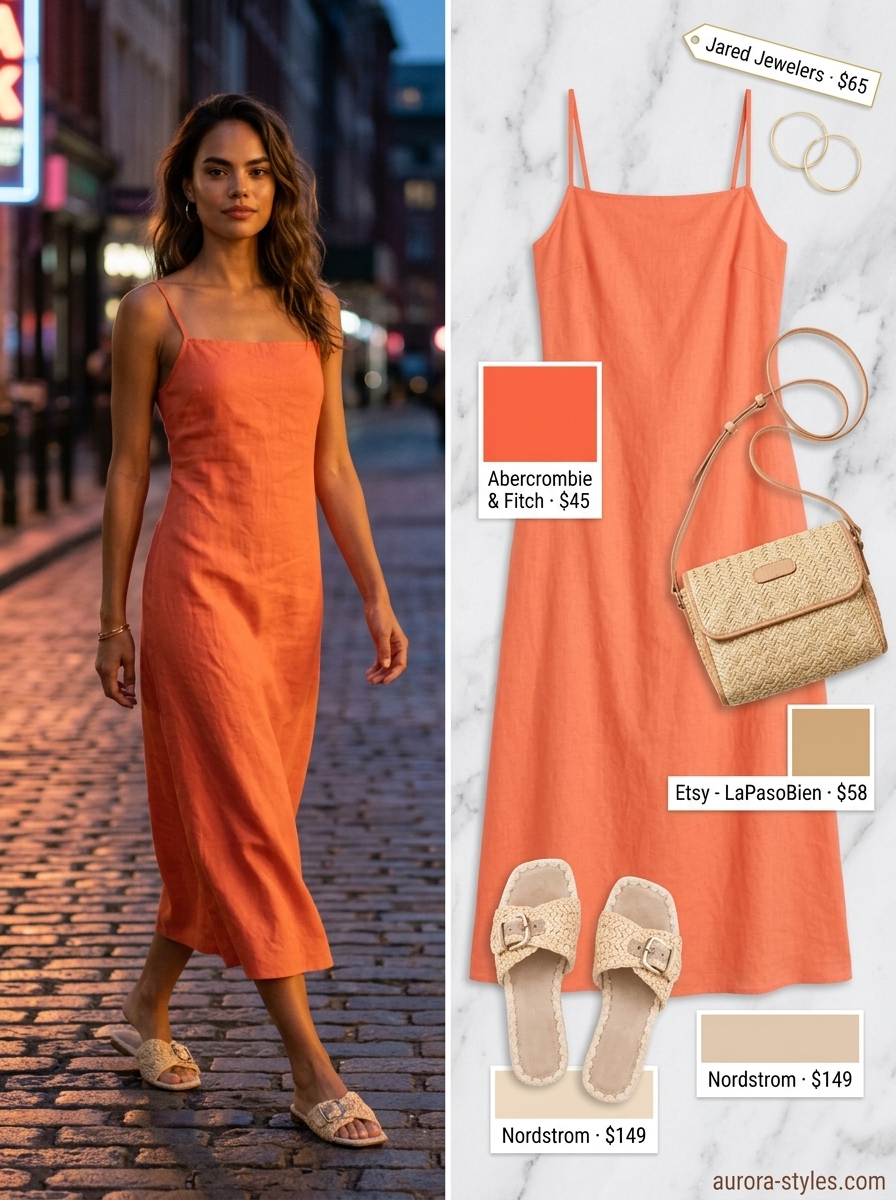 Vibrant bright orange linen dress for summer night going out outfits for women 2026. Effortless vacation style.