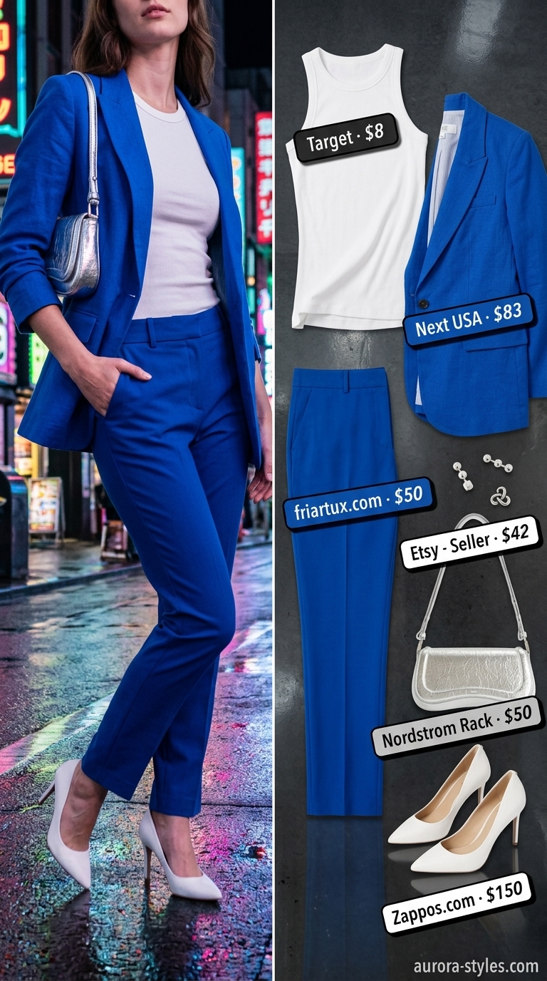 Confident cobalt blue power suit for summer night going out outfits for women 2026. Modern evening event style.