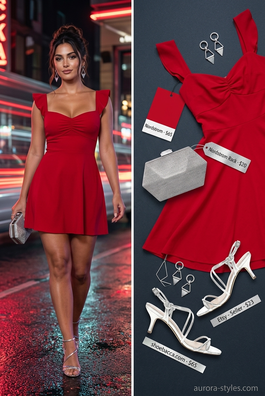 Playful bright red mini dress for summer night going out outfits for women 2026. Festive party look.