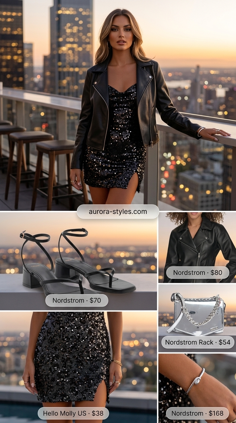 Glamorous black sequin mini dress with moto jacket for summer night going out outfits for women 2026.