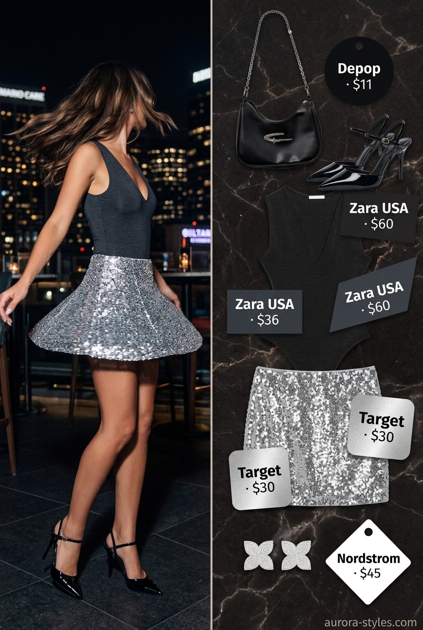 Silver sequin mini skirt outfit for summer night going out outfits for women 2026. Black bodysuit & heels.