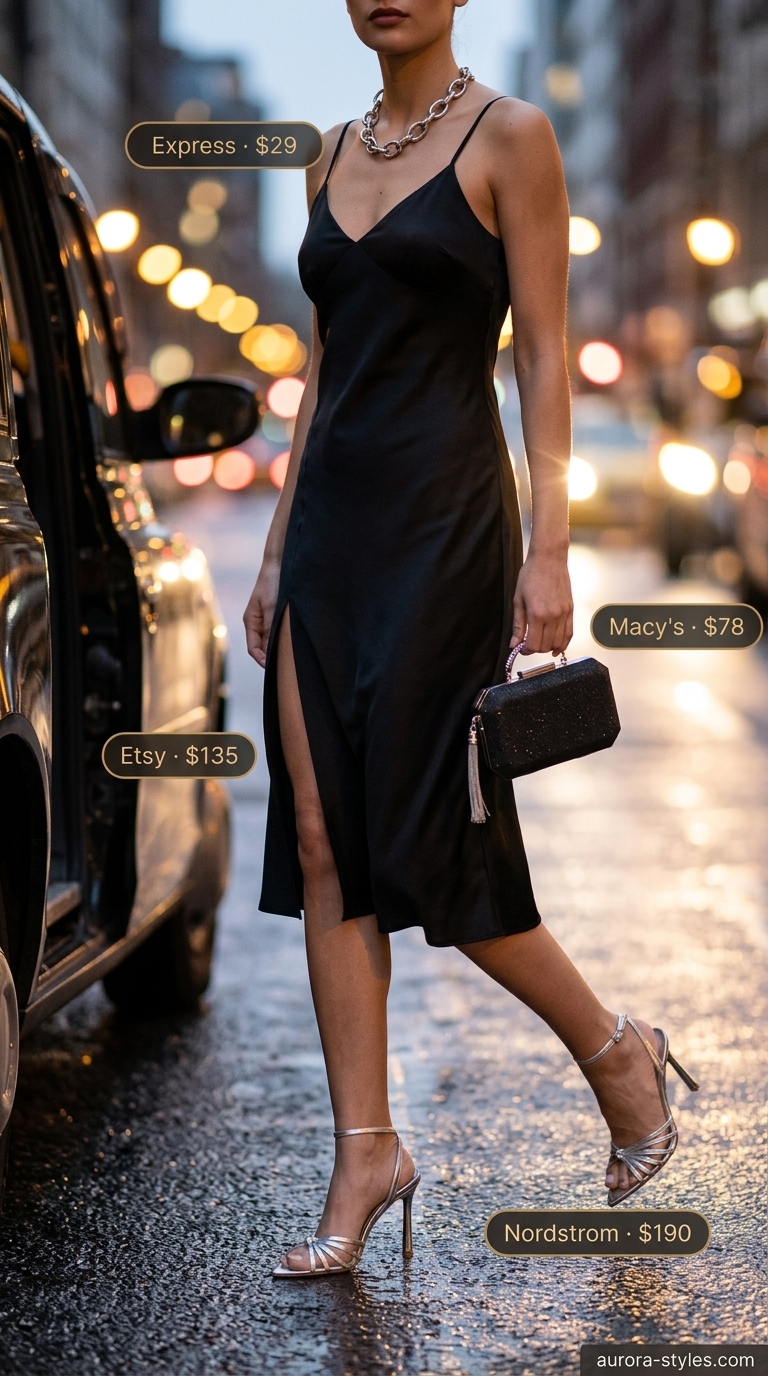 Chic black slip dress for summer night going out outfits for women 2026. Sophisticated date night look.