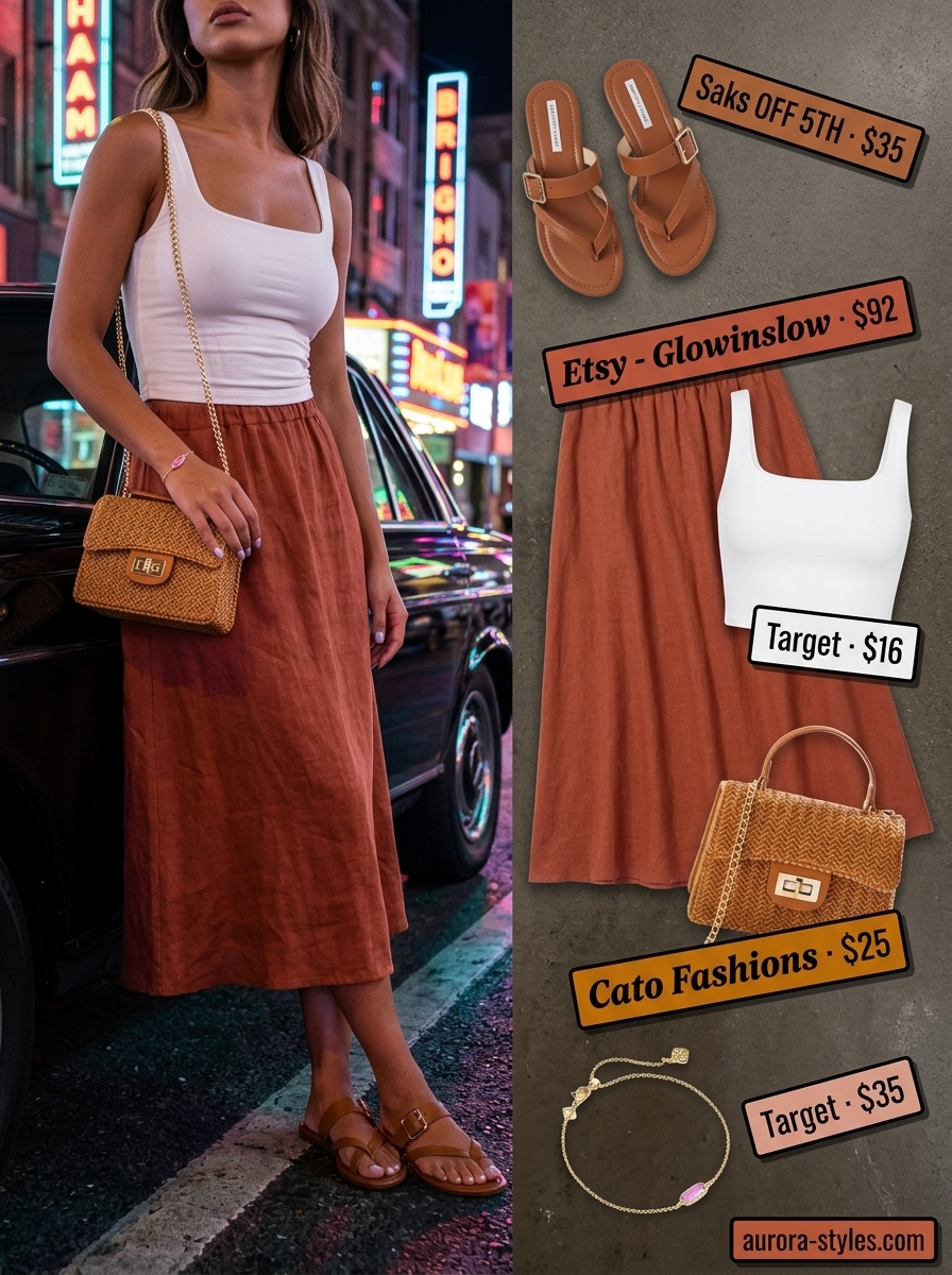Terracotta midi skirt outfit for summer night going out outfits for women 2026. White crop top, flat sandals.