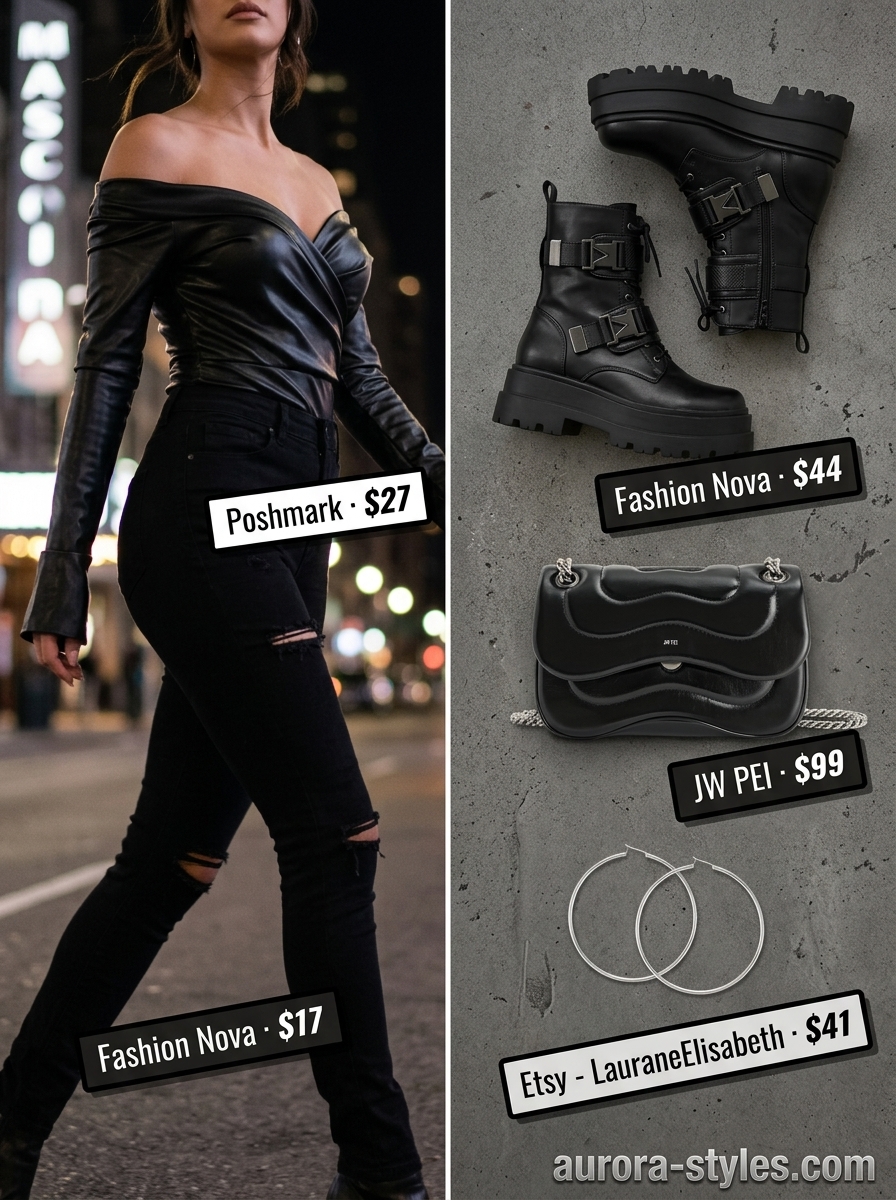 Edgy Off-Shoulder Outfits 2026 Summer off-shoulder outfits for women 2026: Black faux leather top, ripped jeans, combat boots for night out.