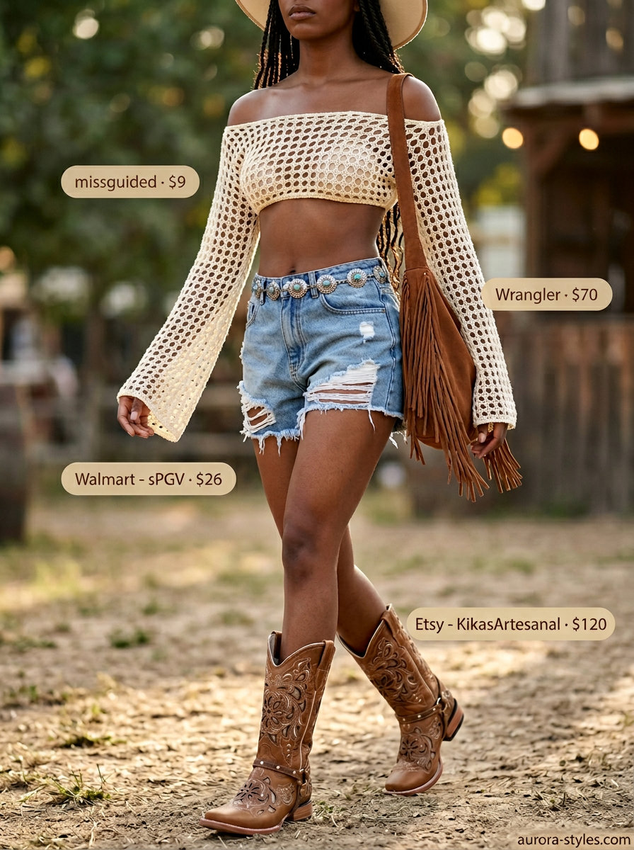 Boho Festival Off-Shoulder Outfits 2026 Boho summer off-shoulder outfit 2026: Ecru crochet top, distressed denim shorts, cowboy boots, and a wide-brim hat for festivals.