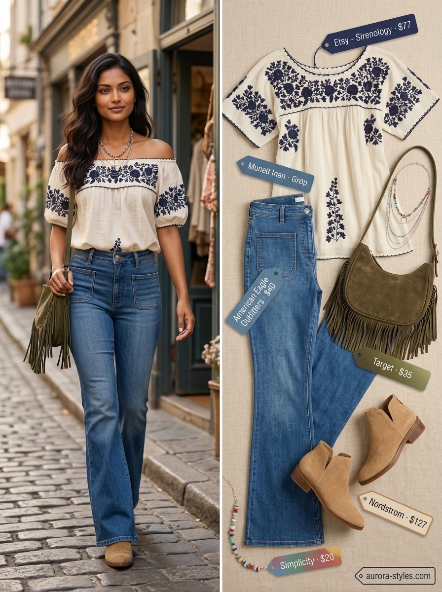 Boho Summer Off-Shoulder Outfits 2026 Boho summer off-shoulder outfit 2026: Cream embroidered peasant blouse, indigo flared jeans, suede boots, layered necklaces for festivals.